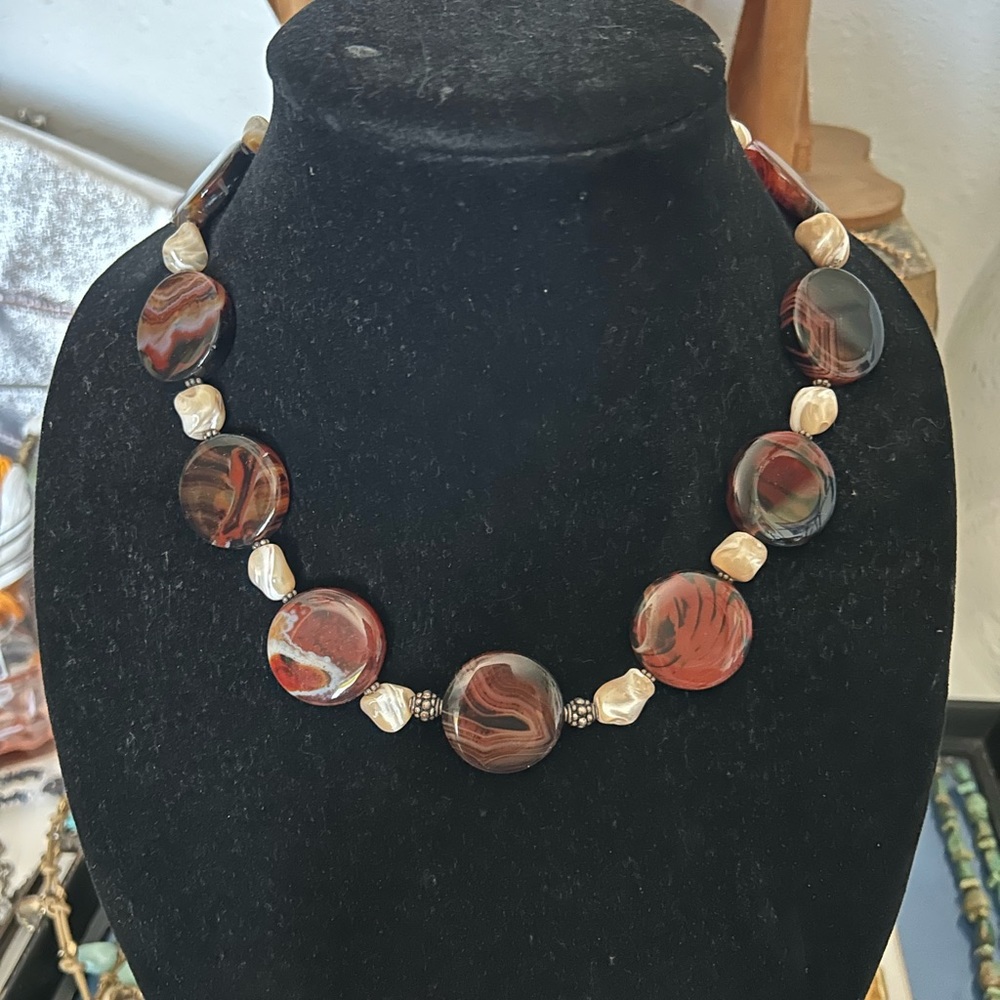 Donna Dressler Natural Stone Red & Orange Agate with MOP Necklace